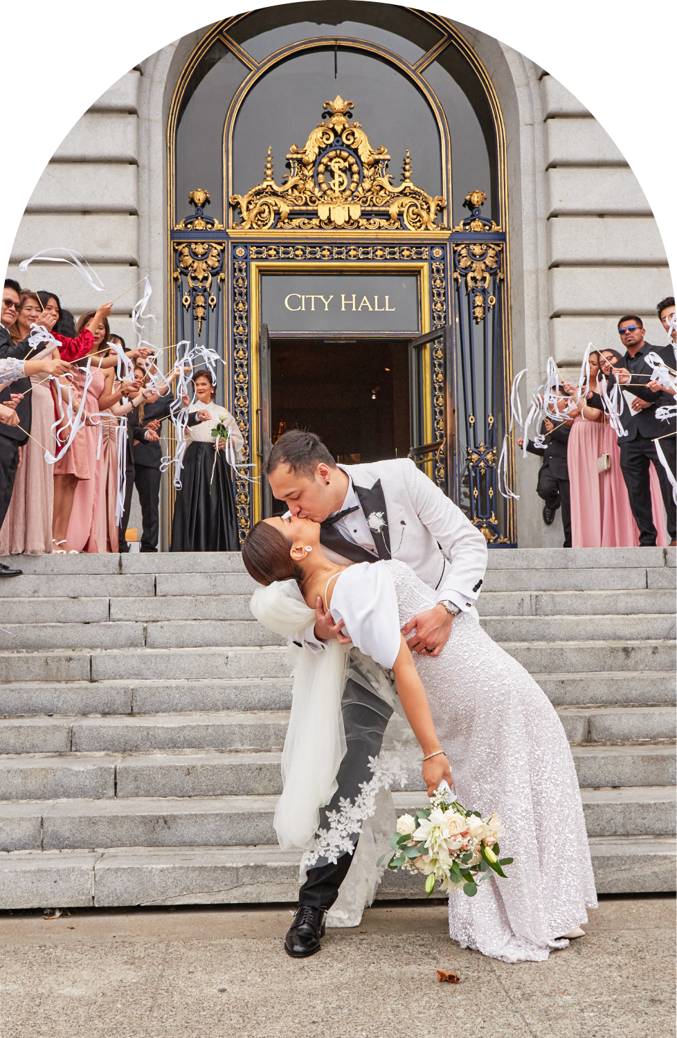 Bride and groom photography outside of SF City Hall Golden Exit Door