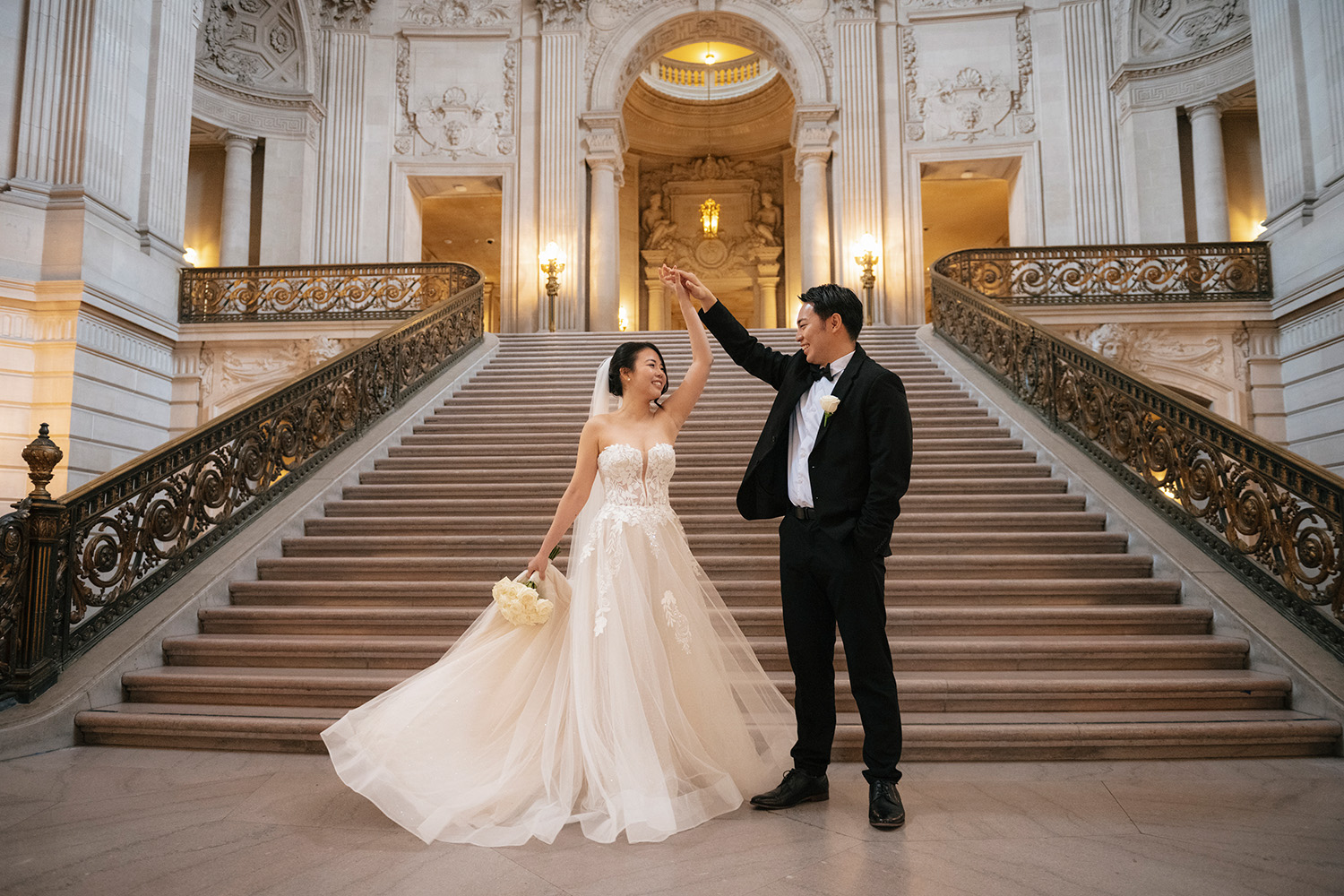 San Francisco City Hall Elopement Wedding Twirling on the Grand Staircase Photography