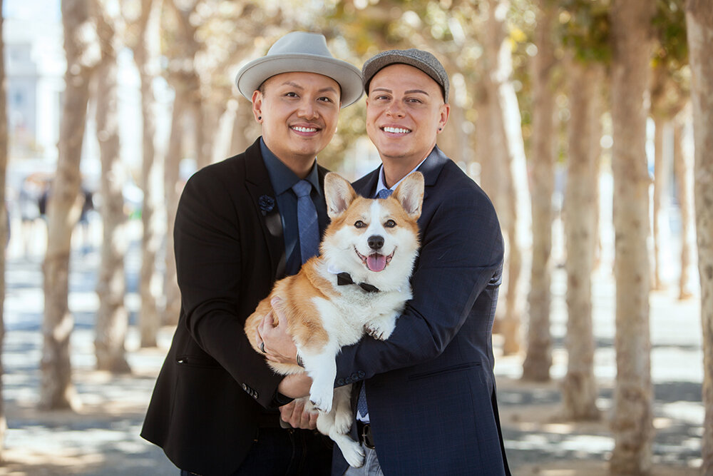 San francisco wedding photography of a male couple and their dog in the partk