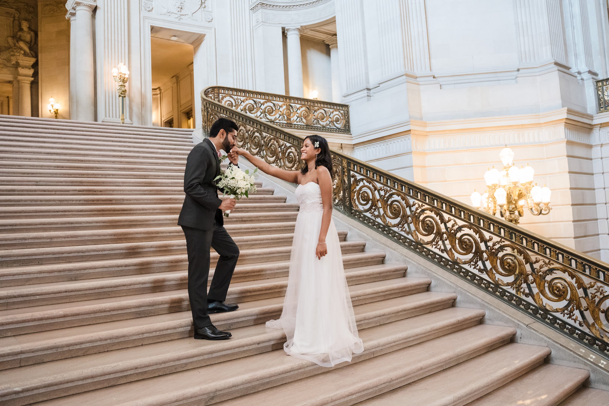 San Francisco City Hall Civil Ceremony Couple on stairs