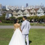 Couple over looking their old neighborhood after their wedding at San Francisco City Hall
