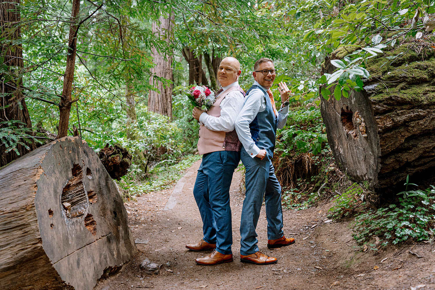 Wedding Photography of a male couple posing in the redwood forest