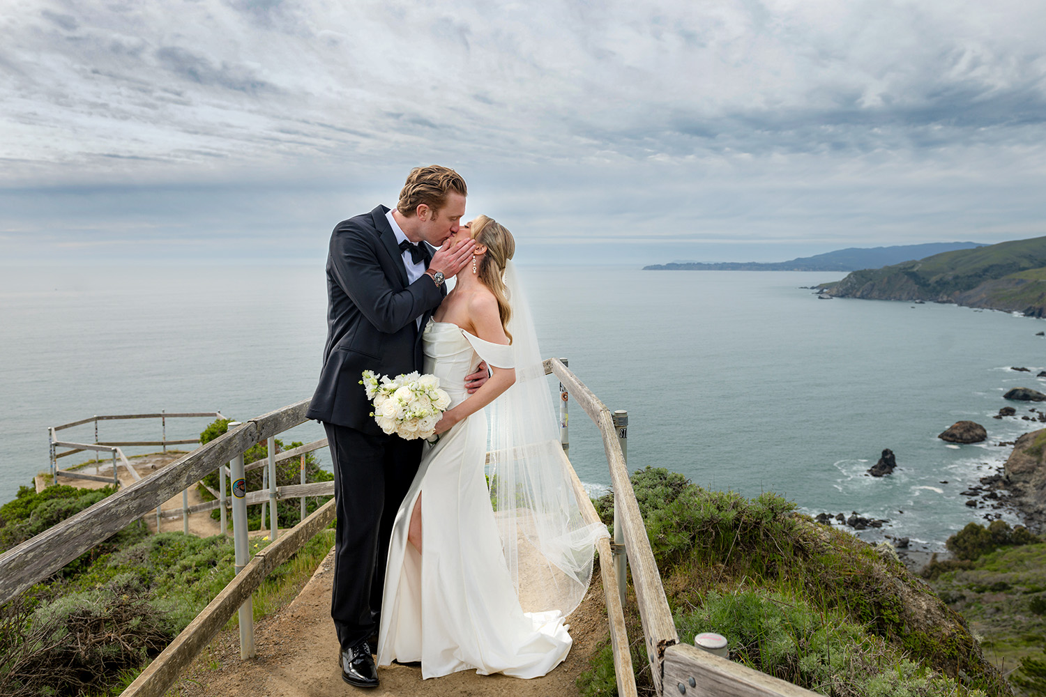 Wedding Portrait of bride and groom at Muir Beach Overlook
