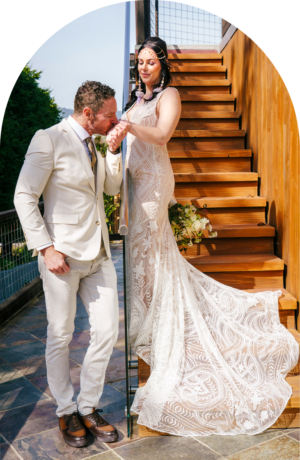 Wedding Photography of Bride and Groom at the Barrel House Staircase near San Francisco